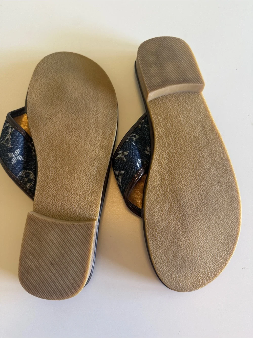 Louis Vuitton Denim Monogram Thong Sandals - Dark Blue & Brown Trim